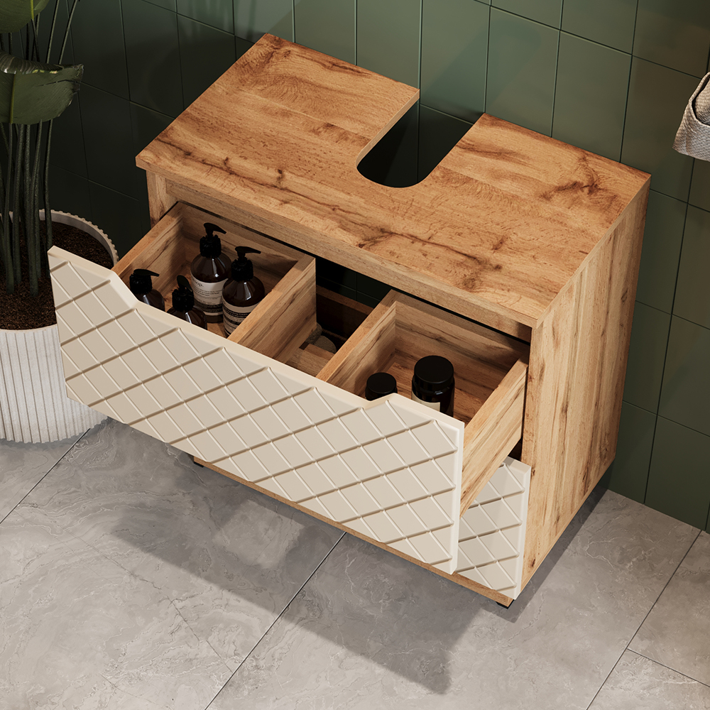 Meuble Sous Vasque Simple Lotta, Chêne/cachemire Avec Structure En Carreaux, 59.8x62.5cm Avec 2 Tiroirs, Vicco