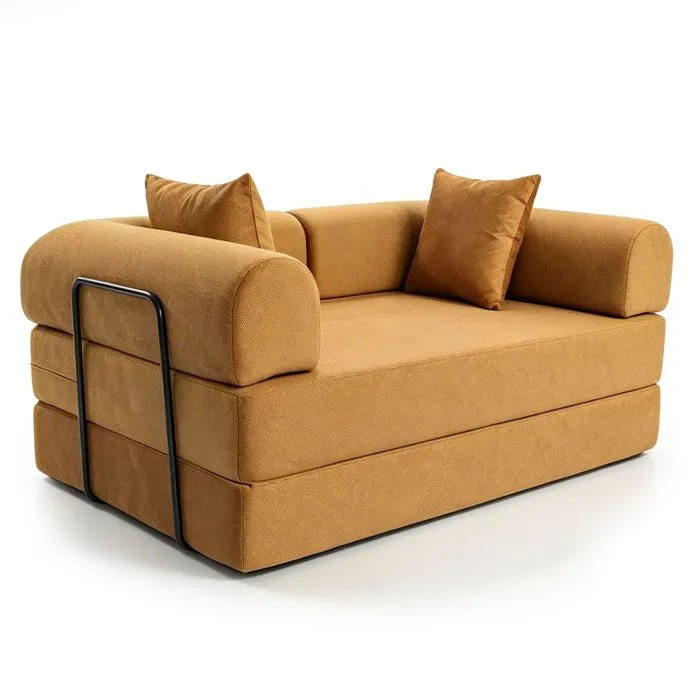 Canapé 2 Places Convertible Et Modulable Bergerac Tissu Doux Texturé Ocre Doré