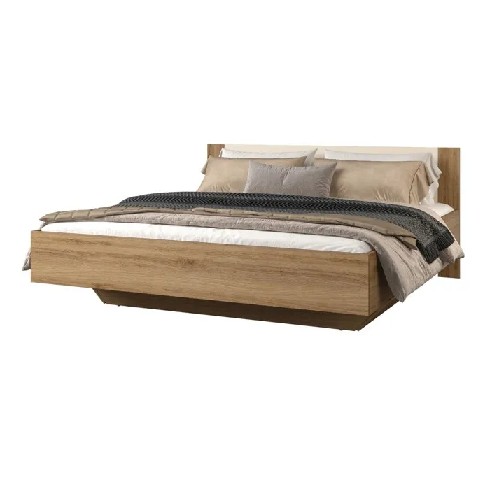 Lit coffre VERTIGO 160x200 cm Chene sauvage et beige sable Avec pied design et sommier inclus