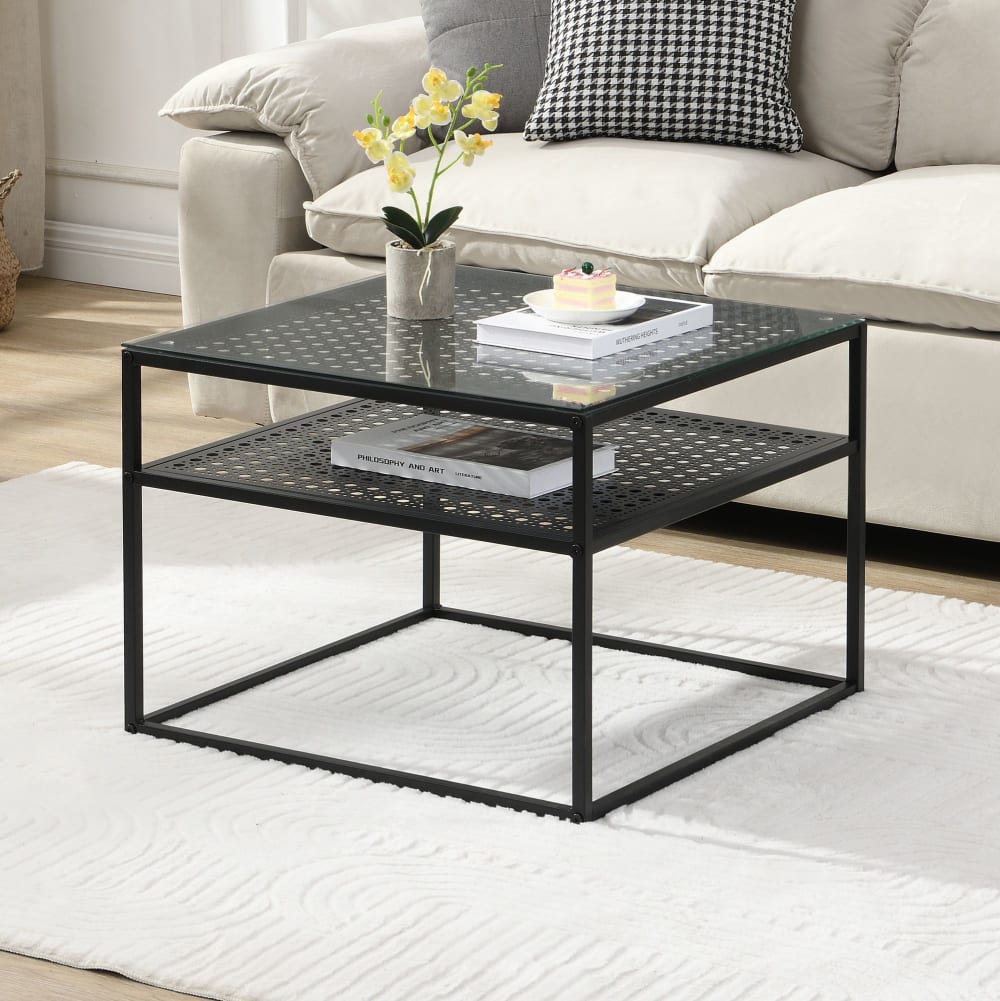 Table basse en verre et métal, carrée, 60 cm, pour salon, rangement, moderne FineBuy
