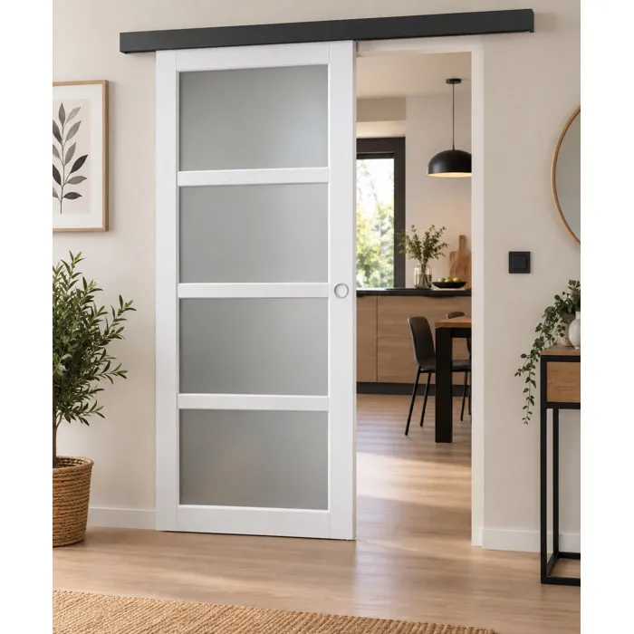 Porte Coulissante Tana Blanc Vitrée H204 X L83 Cm, Rail Alu Bandeau Noir, Coquilles Blanc Gd Menuiseries