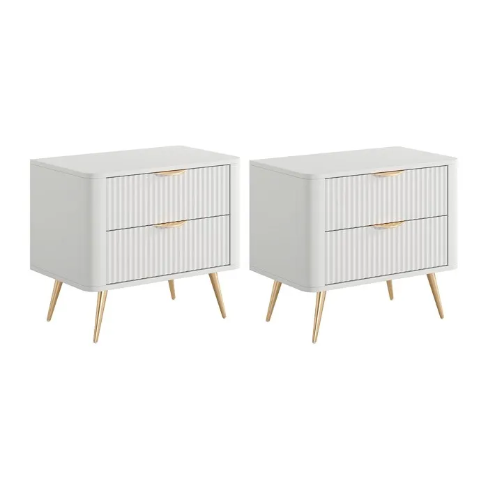 Lot de 2 tables de chevet - 2 tiroirs - Blanc et doré - ELONARIA