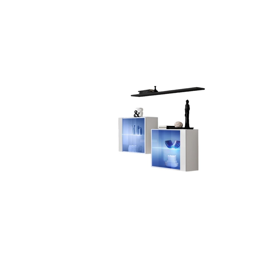 Meublorama - Ensemble Salon Switch Sbiii Blanc Brillant, Porte Vitrée Led Intégrée, Étagère Noire, Design Moderne