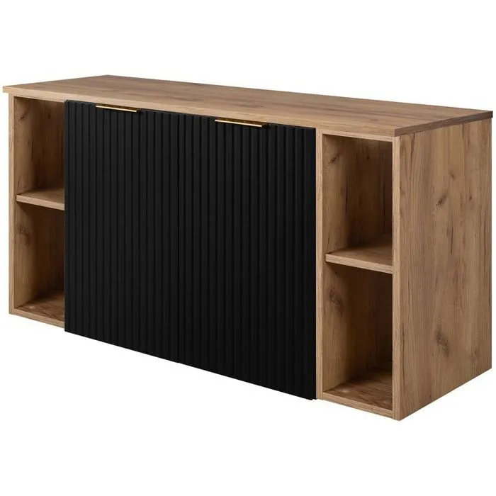 Meuble sous vasque à 2 portes FLOW NOIR 120 cm avec 2 x l'étagères - extensions et plan CHÊNE