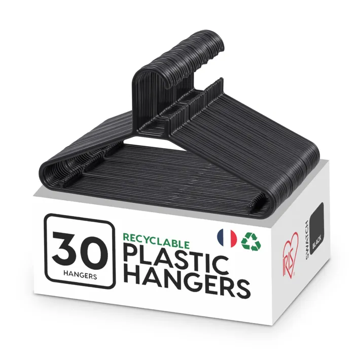 Iris Ohyama, Cintres plastique, Lot de 30 cintres pour vêtements, Noir, Sans BPA, Placards, Epais, Résistants, CHM-39