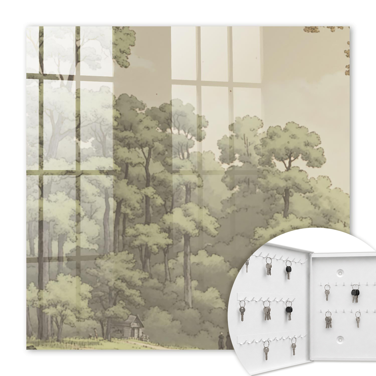 Armoire À Clés - (30 Cm X 30 Cm) - Boîte À Clés Murale - Coffret De Rangement Pour Clés - Couleur Blanche - Ouverture Vers La Gauche - Pour Maison Et Bureau - Forêt Verte