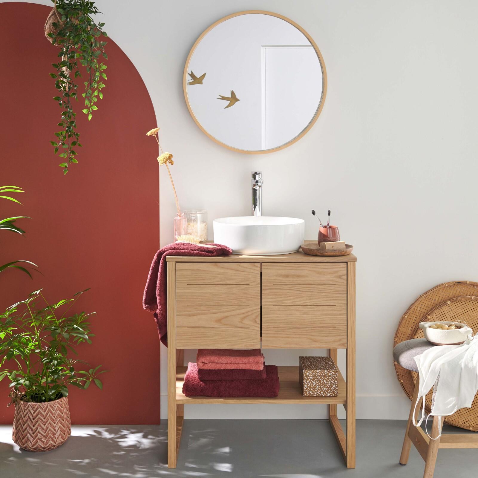 Meuble Atoll 70cm Chêne Vasque Ronde Robinet Et Miroir
