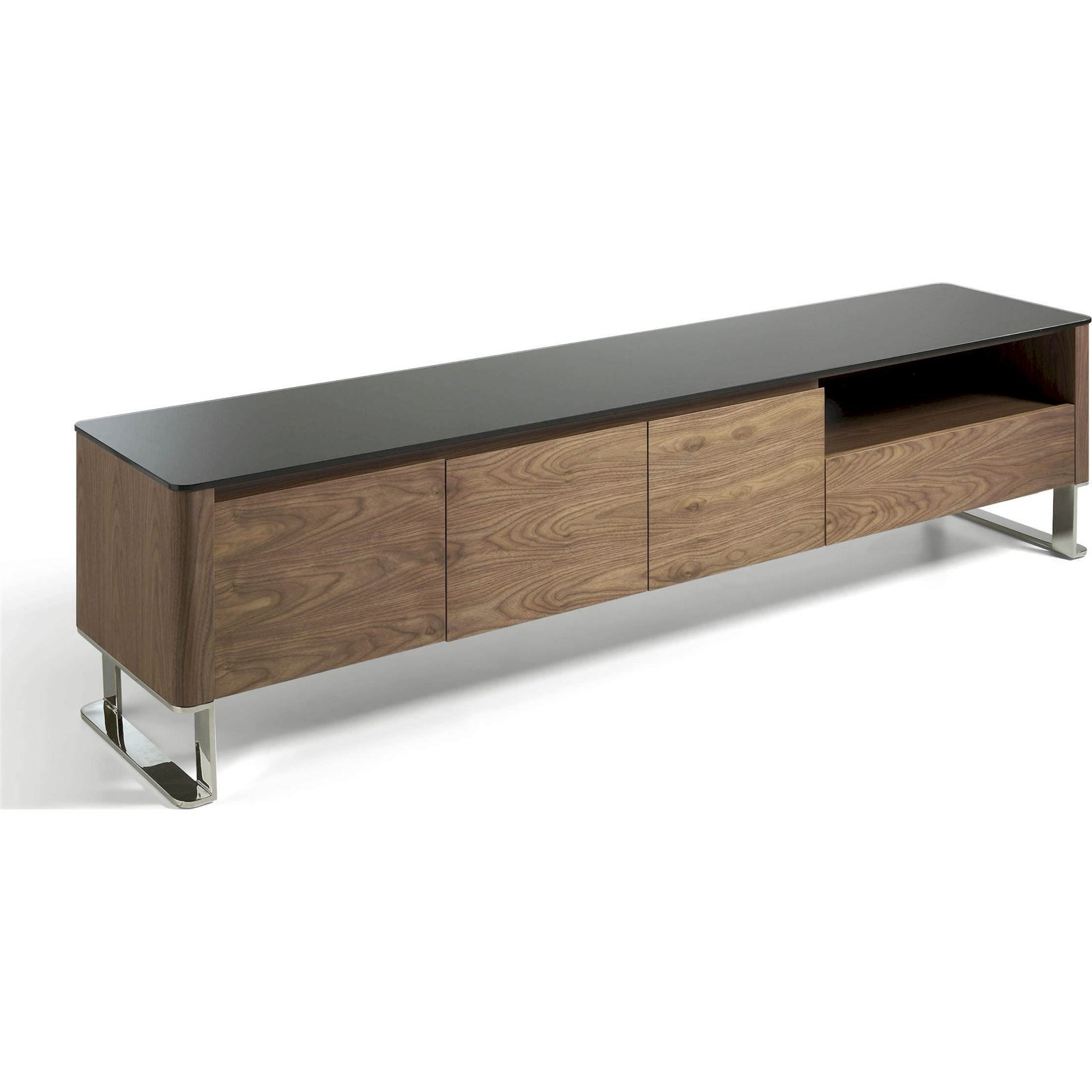 Buffet Tv Bois Dessus En Verre Trempé Noir 1 Tiroir Et Étagères - Marron, Noir