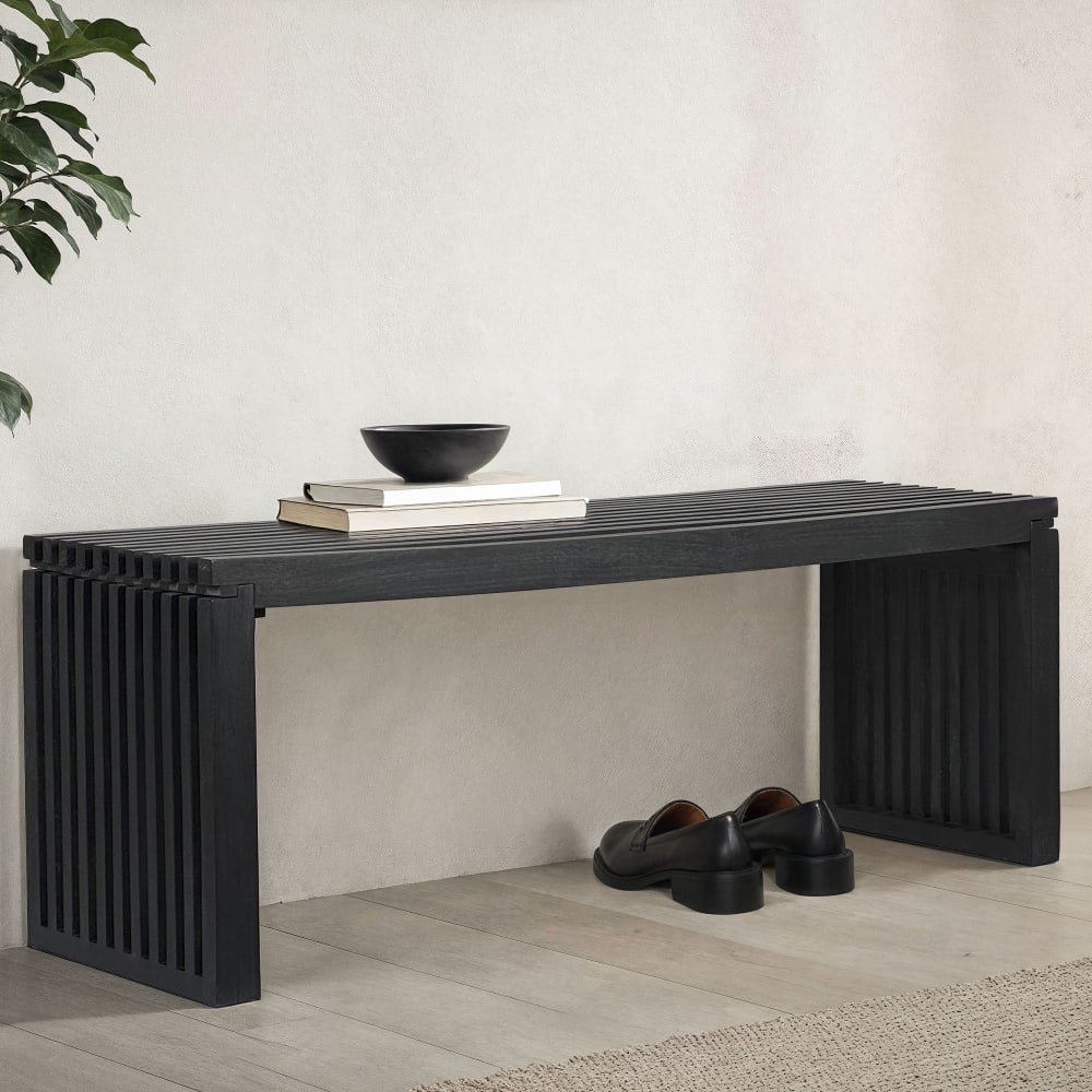 Finebuy Banc 120 Cm Bois Acacia Noir Moderne Entrée Chambre Salon Lit Couloir