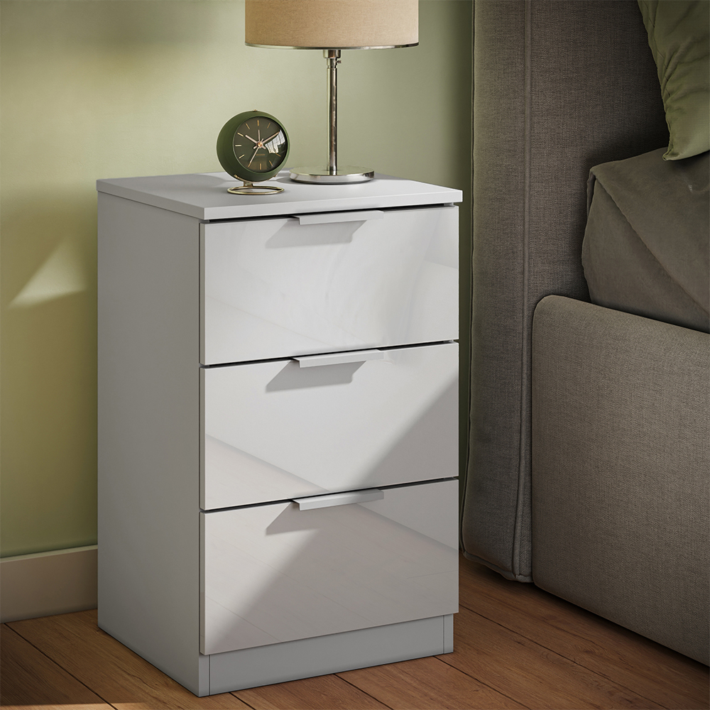 Table De Nuit Fino, Blanc Haute Brillance, Avec Tiroirs, Vicco