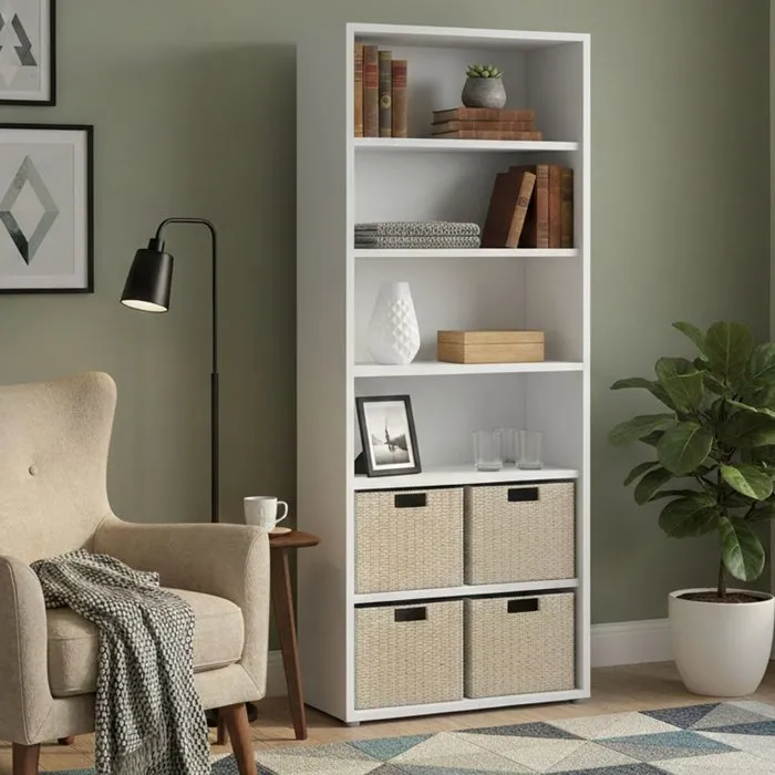 Bibliothèque Armon, Etagère de bureau, Porte-livre mobile, Librairie, 89x40 h222 cm, Blanc