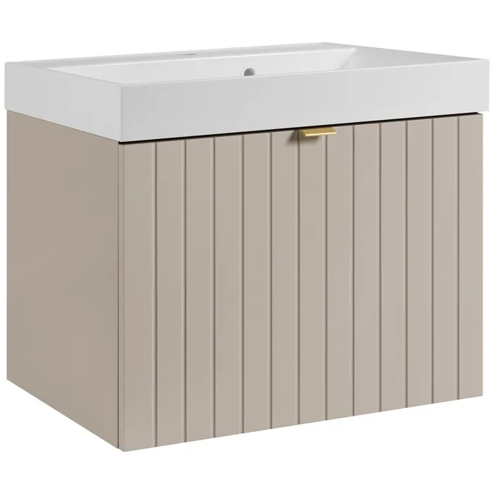 Meuble vasque suspendu HARMO 60 cm avec vasque encastrée en résine Façade rainuré cachemire
