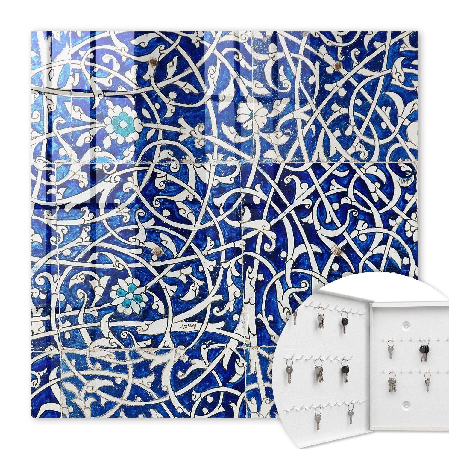 Armoire À Clés - (30 Cm X 30 Cm) - Boîte À Clés Murale - Coffret De Rangement Pour Clés - Couleur Blanche - Ouverture Vers La Gauche - Pour Maison Et Bureau - Arabesque Bleue