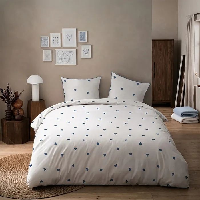 Parure de lit imprimée en coton blanc, bleu 200x200+2x65x65cm