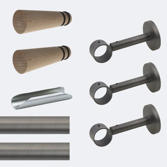 Kit de tringle à rideaux Carbone 300cm Diam.28mm Embout Cône Bois - Fixation Mur - Boulet