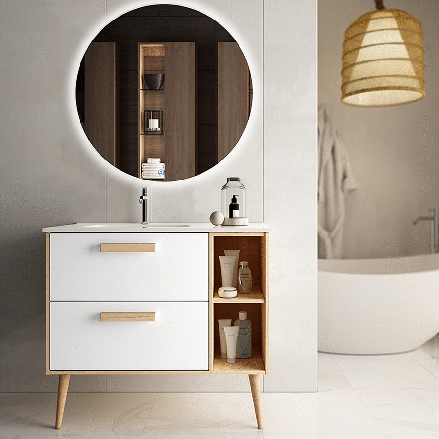 Meuble de salle de bain vasque déportée 2 tiroirs MALIA et miroir rond Led SOLEN blanc 80 cm COSYNEO MALMALIA80SOLENBLA