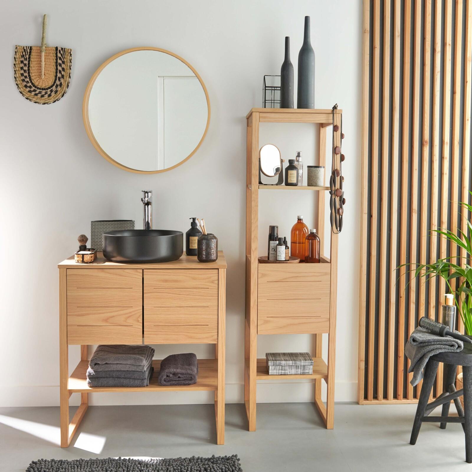 Meuble Atoll 70cm Chêne Colonne Vasque Noire Robinet Miroir