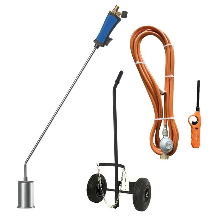 Desherbeur thermique + Chariot à roues pour bouteille gaz + Allume gaz + Détendeur Gaz Bruleur 60mm Tuyau 5m Désherbage KEMPER