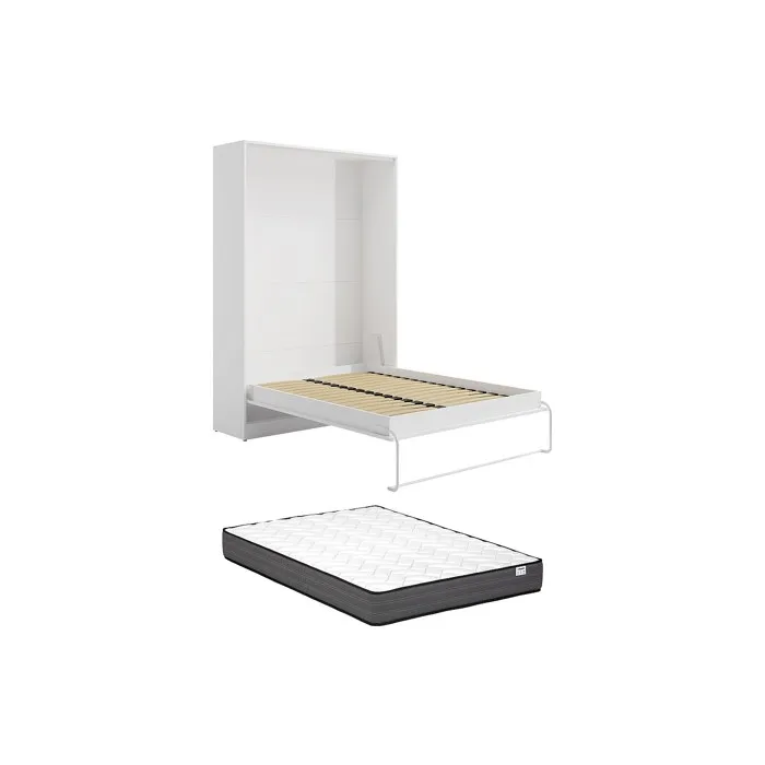 Lit escamotable 140 x 200 cm - Ouverture verticale manuelle - Blanc + Matelas - BEGANIO