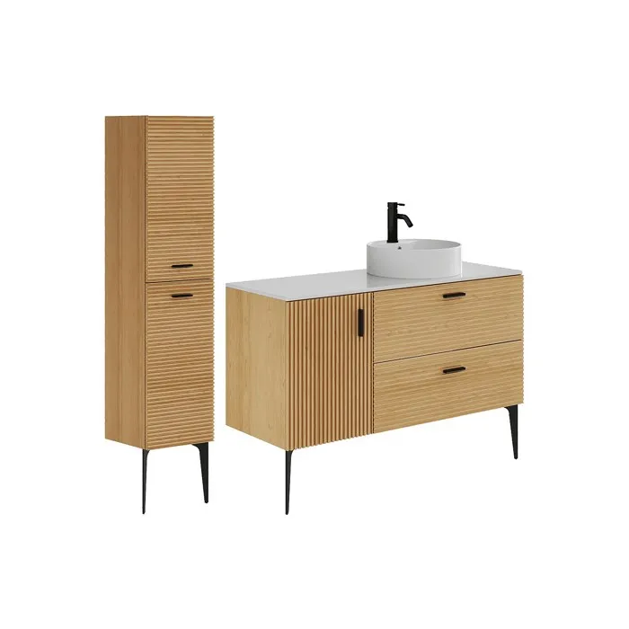 Meuble de salle de bain strié sur pieds avec vasque à poser et colonne - 1 porte et 2 tiroirs - Naturel clair - 120 cm - SARONE
