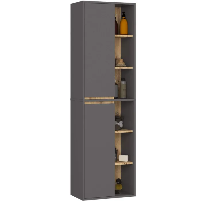 Colonne salle de bains VAMI suspendu Gris Graphite 50 cm 2 portes façade Chêne Artisan 10 étagères 50x30x170 cm