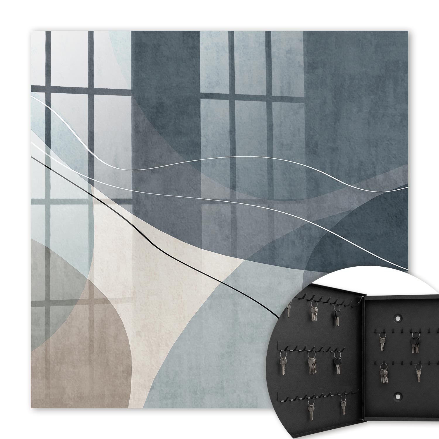 Armoire À Clés - (30 Cm X 30 Cm) - Boîte À Clés Murale - Coffret De Rangement Pour Clés - Couleur Noire - Ouverture Vers La Gauche - Pour Maison Et Bureau - Abstraction Bleue