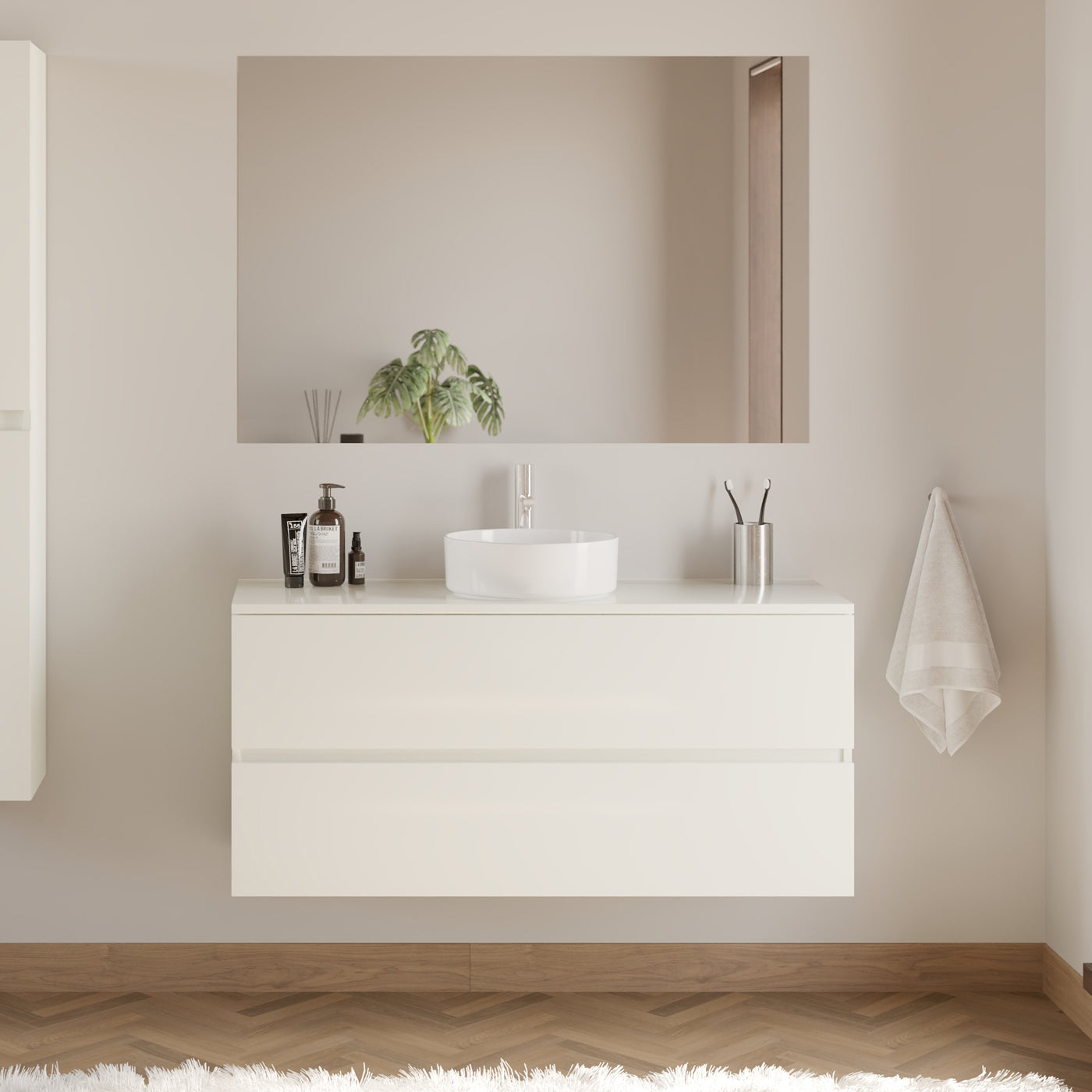 Meuble De Salle De Bain 120cm Avec Plateau Et Vasque À Poser Ronde - 2 Tiroirs - Blanc Brillant - Ida