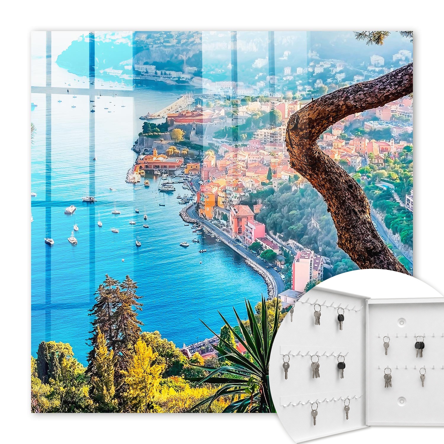 Armoire À Clés - (30 Cm X 30 Cm) - Boîte À Clés Murale - Coffret De Rangement Pour Clés - Couleur Blanche - Ouverture Vers La Gauche - Pour Maison Et Bureau - Paysage De Vacances