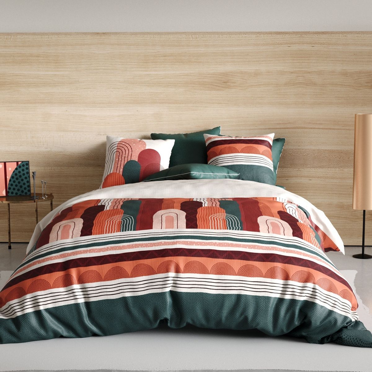 Parure Housse De Couette 240x220cm + 2 Taies Motif Rétro Terracotta Et Vert 100% Coton - Olga