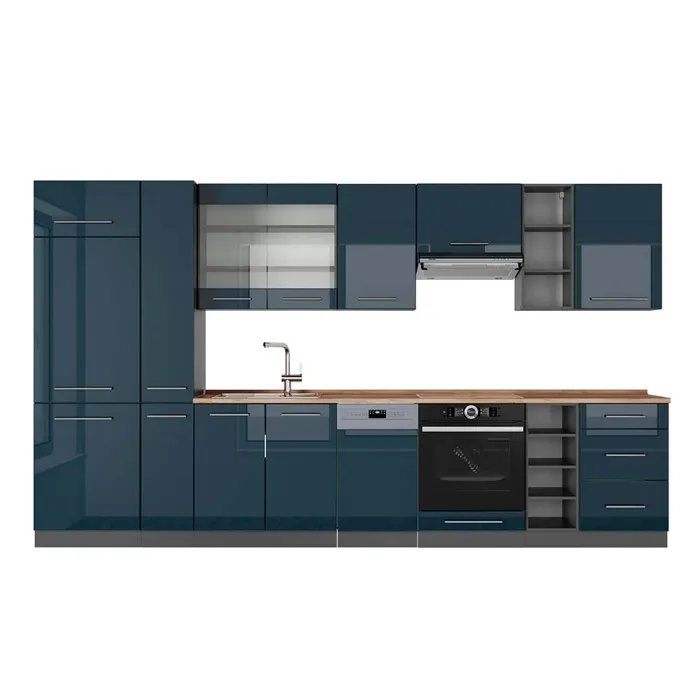 Vicco Cuisine Bleu foncé brillant/Anthracite 355cm, PT Chêne