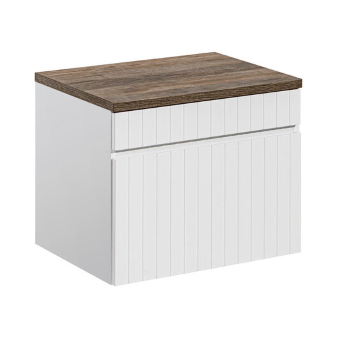 Ensemble Icon Blanc: Meuble Sous Vasque 60cm + Plan Pour Vasque Aspect Bois Foncé