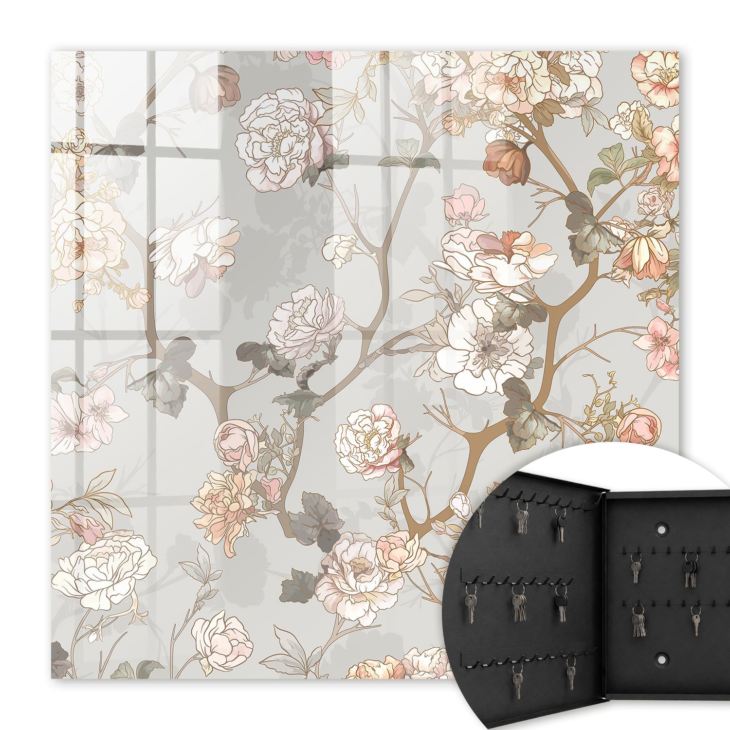 Armoire À Clés - (30 Cm X 30 Cm) - Boîte À Clés Murale - Coffret De Rangement Pour Clés - Couleur Noire - Ouverture Vers La Gauche - Pour Maison Et Bureau - Branches Fleuries