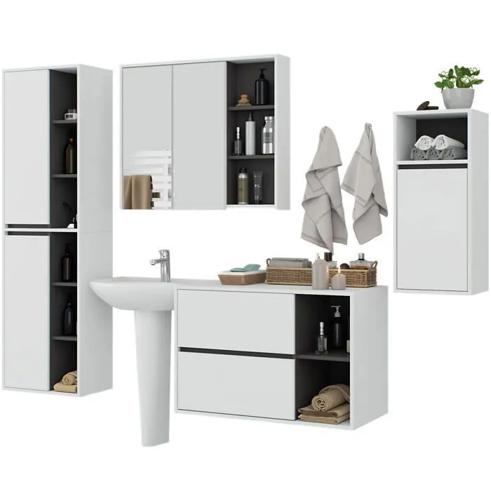 Ensemble de meubles de salle de bains VAMI suspendu Blanche intérieur Gris Graphite