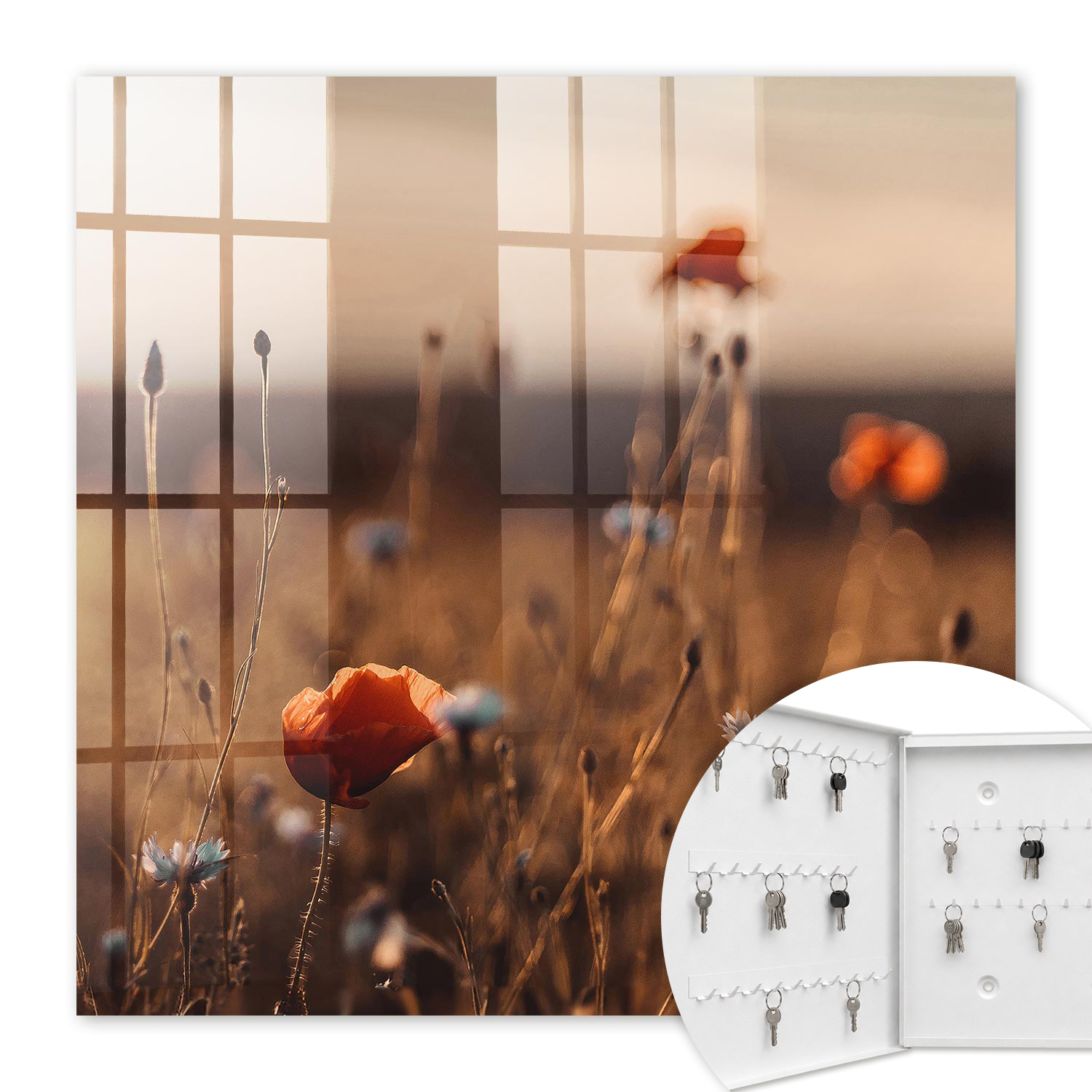 Armoire À Clés - (30 Cm X 30 Cm) - Boîte À Clés Murale - Coffret De Rangement Pour Clés - Couleur Blanche - Ouverture Vers La Gauche - Pour Maison Et Bureau - Champs De Pavots