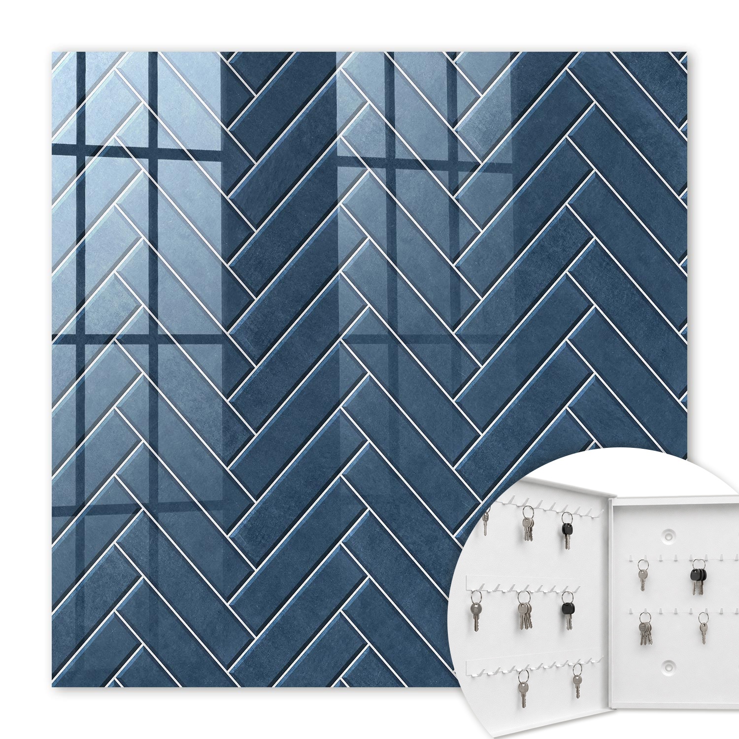 Armoire À Clés - (30 Cm X 30 Cm) - Boîte À Clés Murale - Coffret De Rangement Pour Clés - Couleur Blanche - Ouverture Vers La Gauche - Pour Maison Et Bureau - Bleu Marine À Chevrons