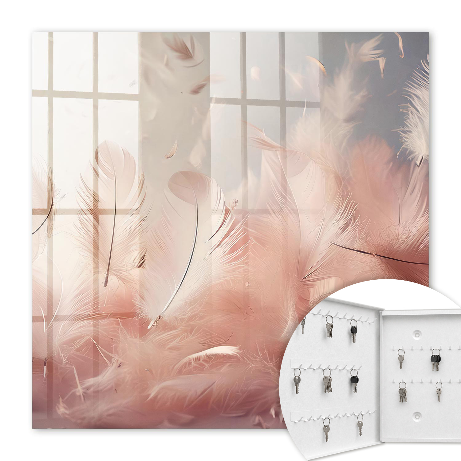 Armoire À Clés - (30 Cm X 30 Cm) - Boîte À Clés Murale - Coffret De Rangement Pour Clés - Couleur Blanche - Ouverture Vers La Gauche - Pour Maison Et Bureau - Plumes Pastel