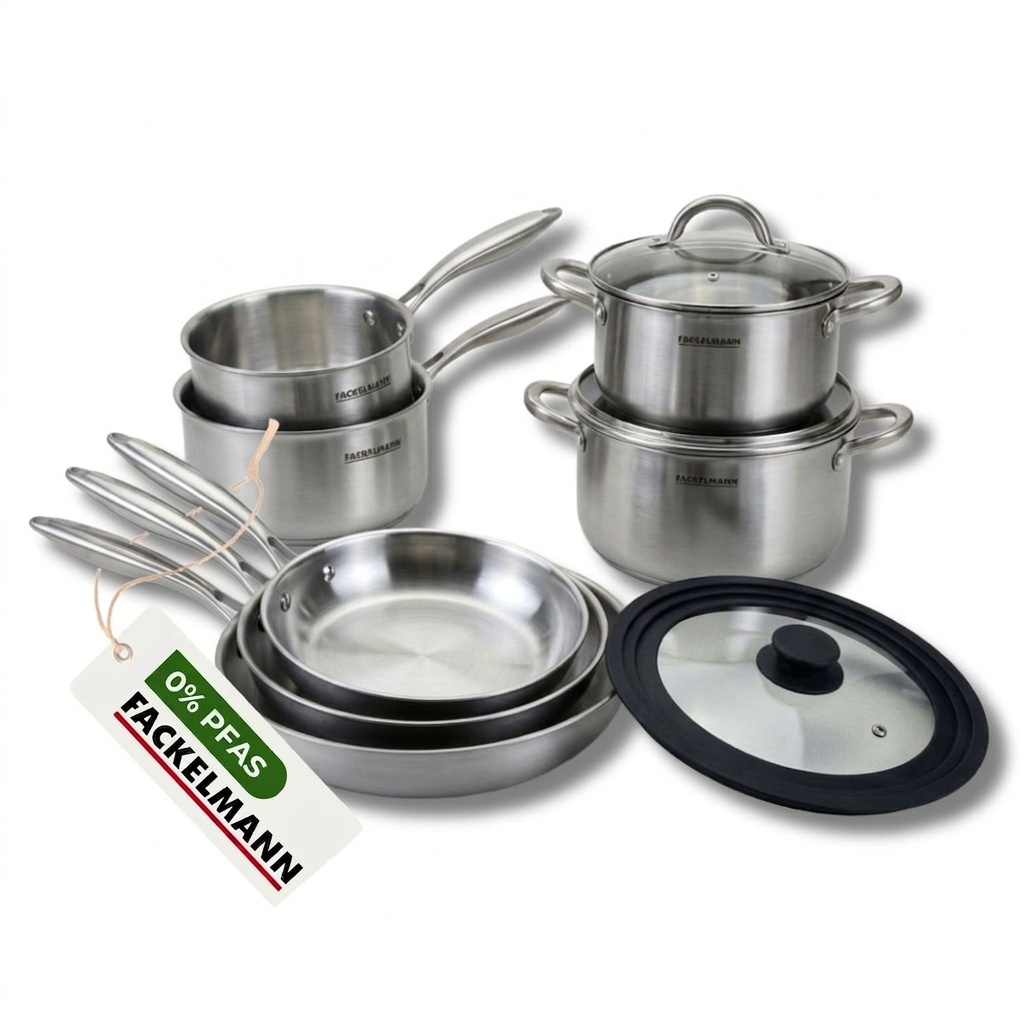 3 Poêles À Frire 20 24 Et 26 Cm, Casseroles 1 Et 18 Cm, Faitouts 20 24 Cm Inox 18/10 Triply, Couvercle Fackelmann Vita3