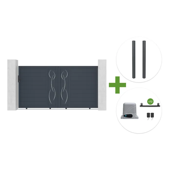 Portail Coulissant 3m Life H.160cm Aluminium Gris + 2 Poteaux Elda + Motorisation Ranger C300
