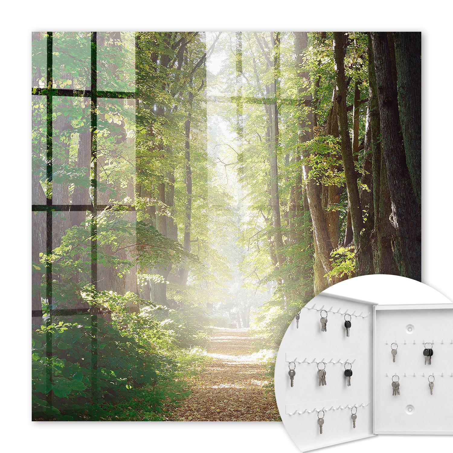 Armoire À Clés - (30 Cm X 30 Cm) - Boîte À Clés Murale - Coffret De Rangement Pour Clés - Couleur Blanche - Ouverture Vers La Gauche - Pour Maison Et Bureau - Paysage Forestier