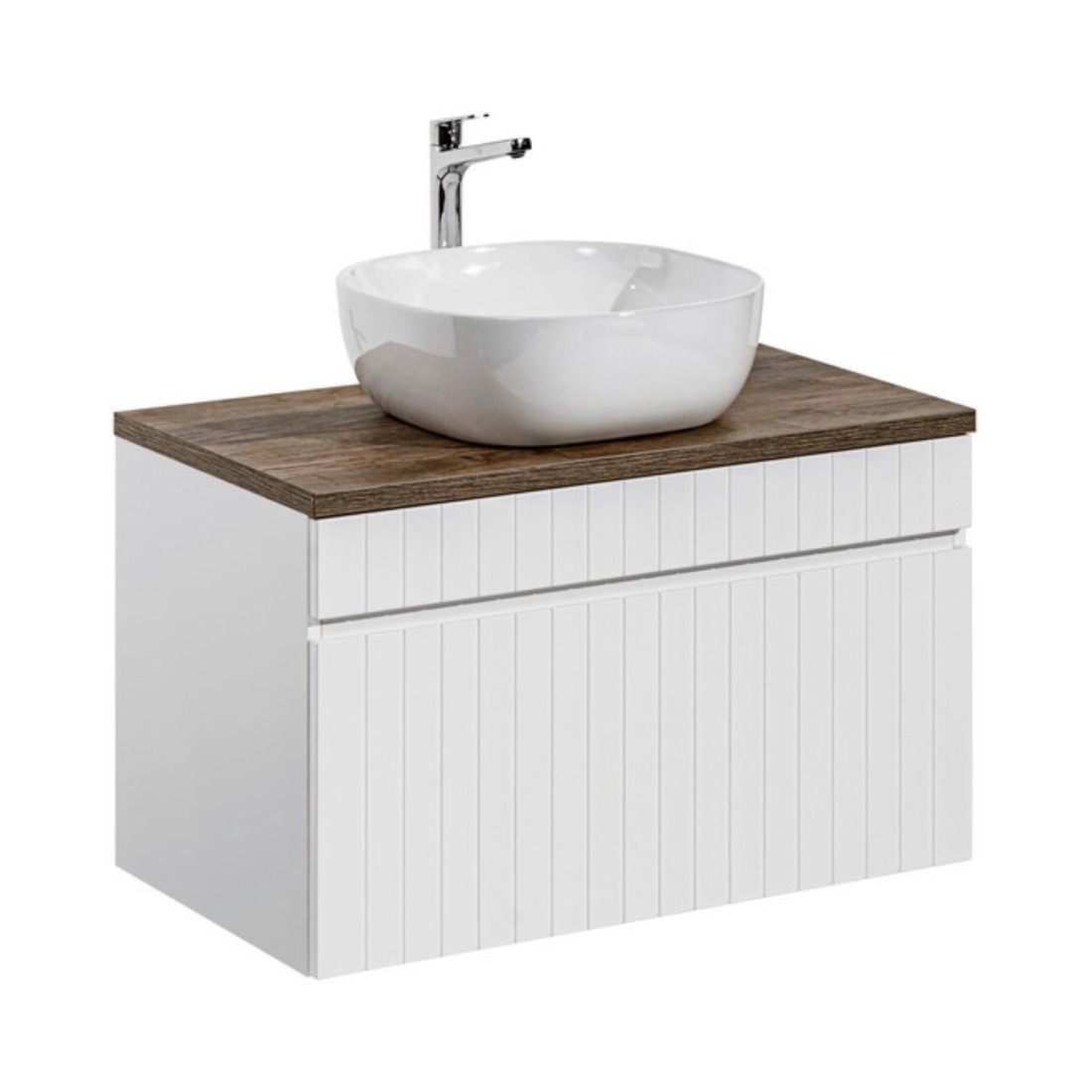 Ensemble Icon Blanc: Meuble Sous Vasque 80cm + Plan Pour Vasque Aspect Bois Foncé + Vasque À Poser Blanche