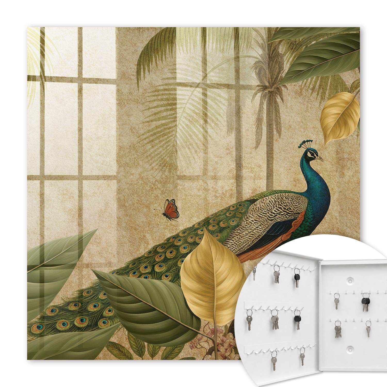 Armoire À Clés - (30 Cm X 30 Cm) - Boîte À Clés Murale - Coffret De Rangement Pour Clés - Couleur Blanche - Ouverture Vers La Gauche - Pour Maison Et Bureau - Paysage Exotique