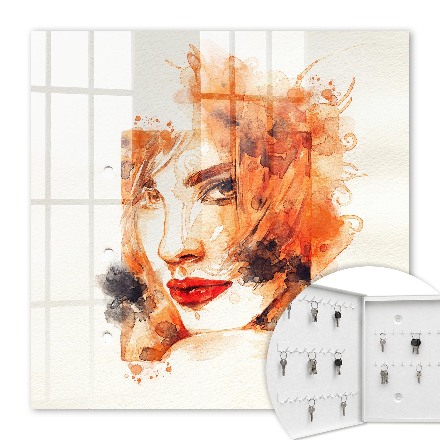 Armoire À Clés - (30 Cm X 30 Cm) - Boîte À Clés Murale - Coffret De Rangement Pour Clés - Couleur Blanche - Ouverture Vers La Gauche - Pour Maison Et Bureau - Aquarelle Féminine