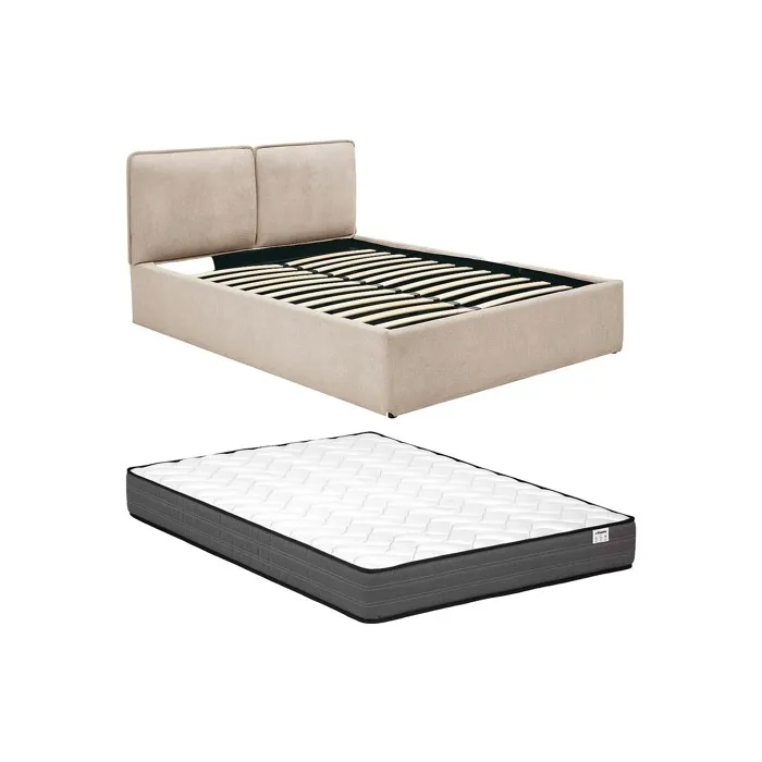 Lit coffre déhoussable 140 x 190 cm - Tissu - Beige + Matelas - TENESE