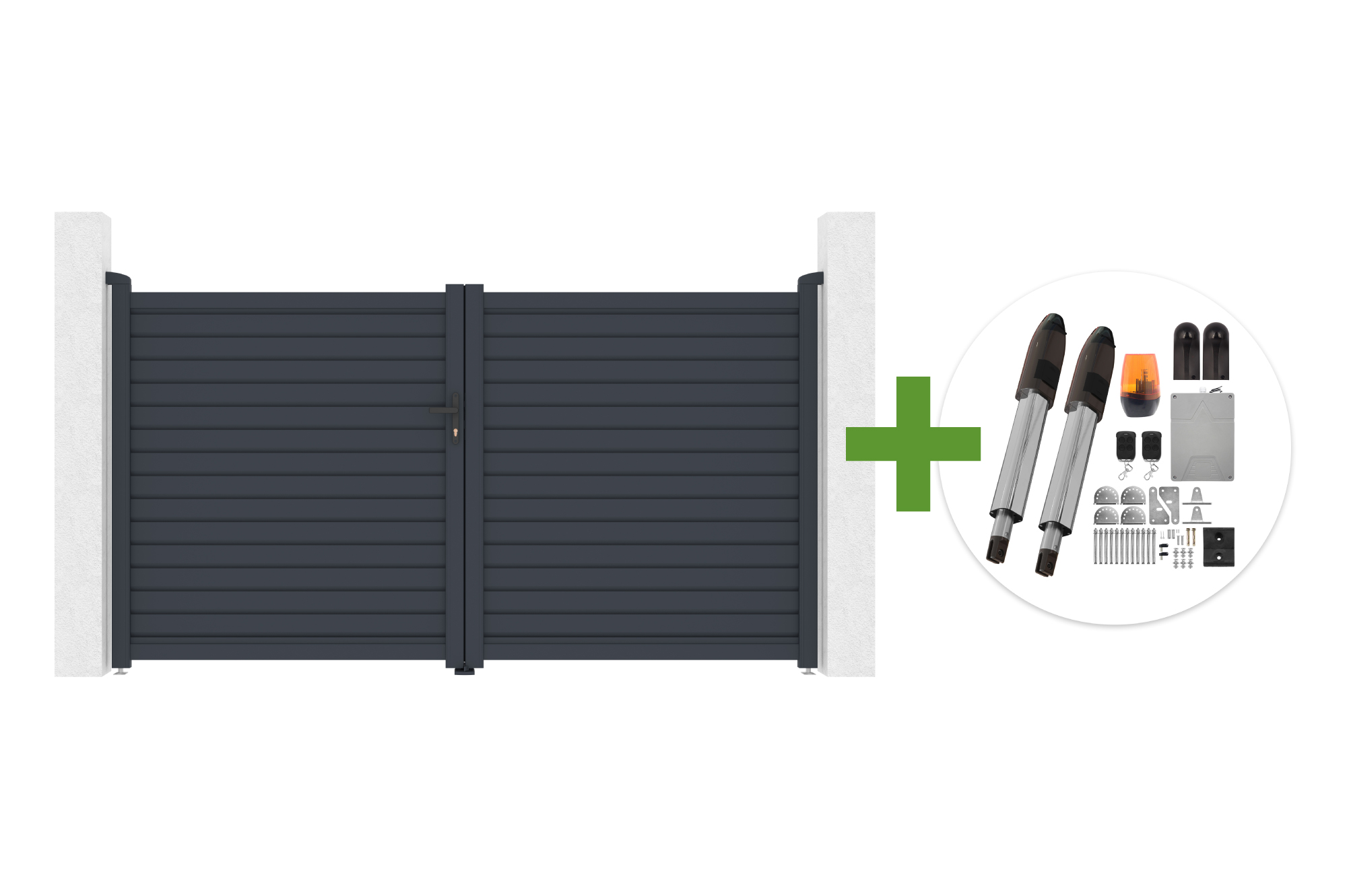 Portail Battant 3m Calancia H.160cm Lames Persiennes Aluminium Gris + Moteur Tanker B700