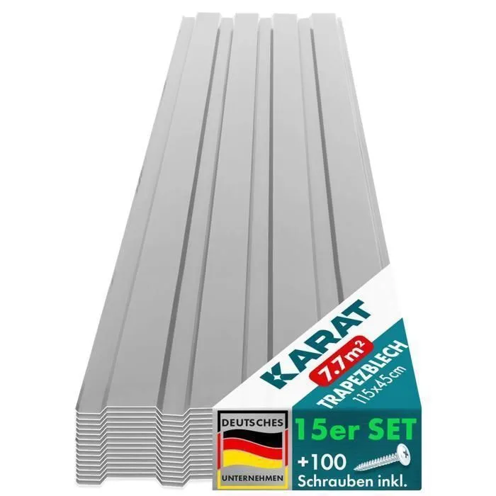 X 15 Tôles Trapézoïdale Tôles Tôle Avec Vis Épaisseur 0,25 Mm, 115 X 45 Cm, Gris Clair