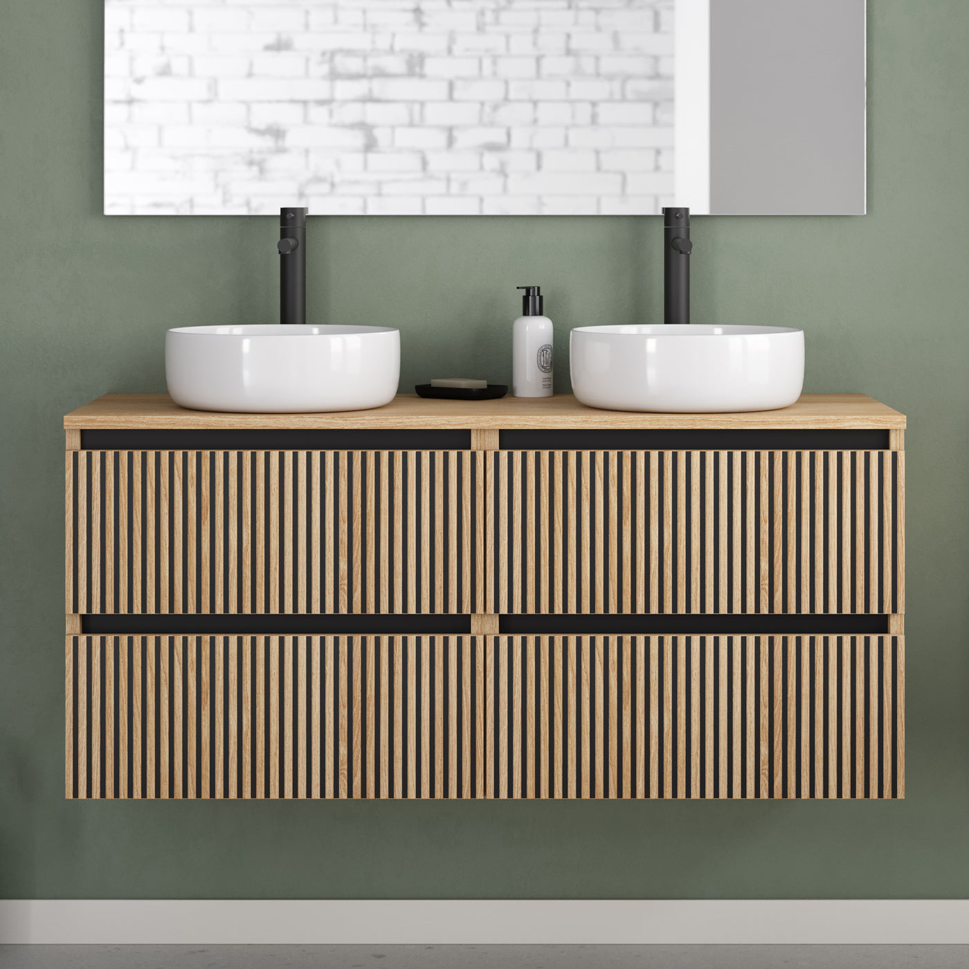 Meuble De Salle De Bain 140cm Avec Plateau Et 2 Vasques À Poser Rondes - 4 Tiroirs - Sans Miroir - Roble Era (chêne Clair) - Veneria
