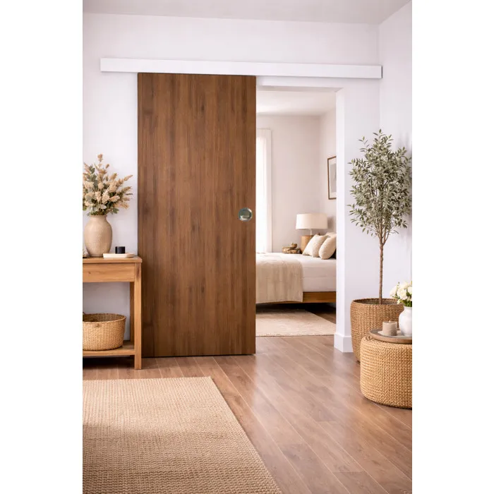 Porte Coulissante Décor Noyer Light Walnut H204 X L83 Cm, Rail Alu Bandeau Blanc, Coquilles Gd Menuiseries