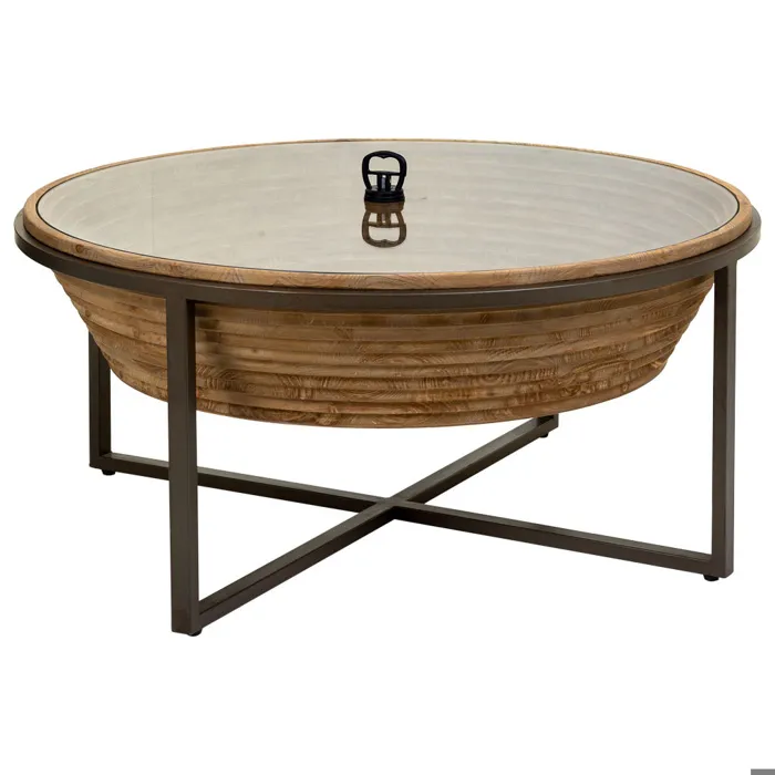 Table basse en bois, métal et verre marron D102x46