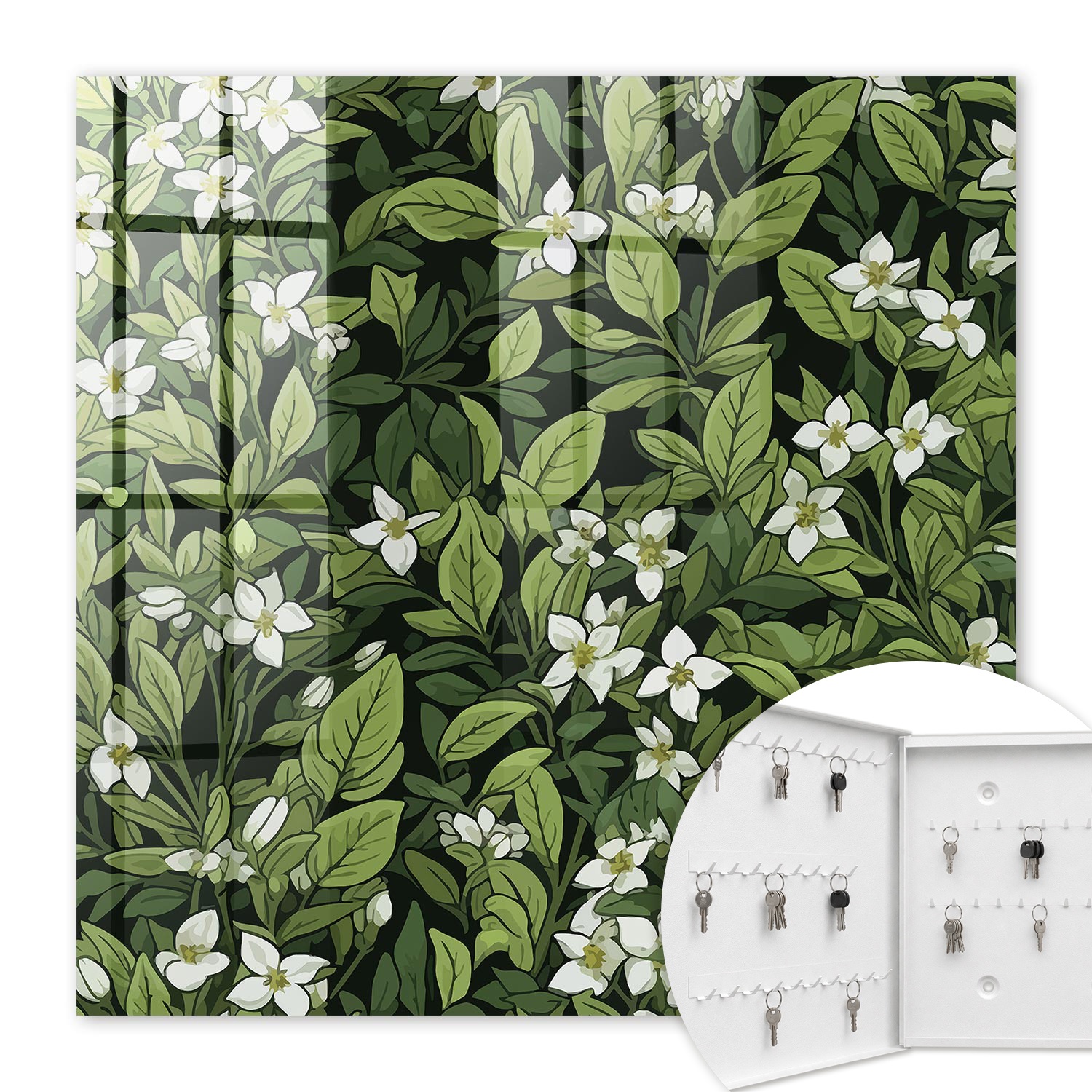 Armoire À Clés - (30 Cm X 30 Cm) - Boîte À Clés Murale - Coffret De Rangement Pour Clés - Couleur Blanche - Ouverture Vers La Gauche - Pour Maison Et Bureau - Motif Végétal