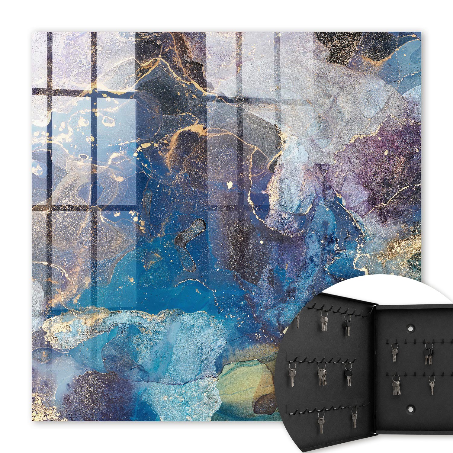 Armoire À Clés - (30 Cm X 30 Cm) - Boîte À Clés Murale - Coffret De Rangement Pour Clés - Couleur Noire - Ouverture Vers La Gauche - Pour Maison Et Bureau - Abstraction Marine